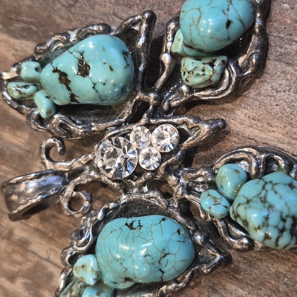 Vtg Turquoise & Rhinestone Embellished Silver Tone Butterfly Necklace Pendant - Picture 4 of 9